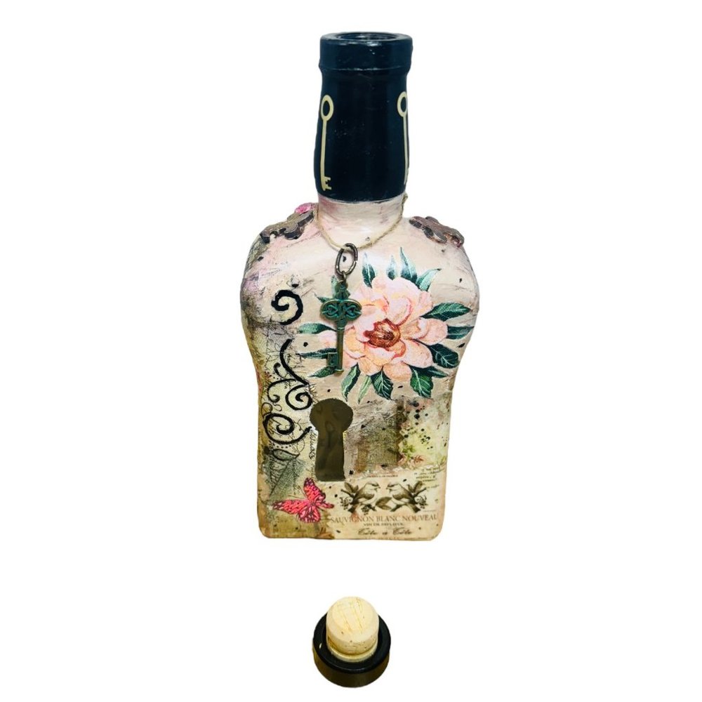 Up cycled Decanter Bottle Mixed Media Peep Keyhole Clay Hand Painted Butterfly - Picture 14 of 16